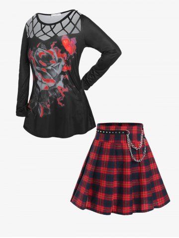 Plus Size Cross Cut Out Butterfly Floral T Shirt And Studded Checked Chain Embellish Pleated Skirt Gothic Outfit