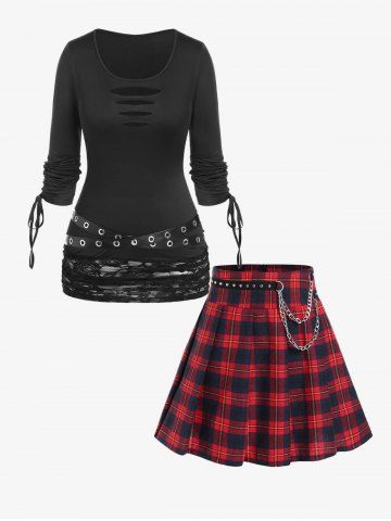 Plus Size Cinched Sleeves Ripped Grommets Lace Panel Tee And Studded Checked Chain Embellish Pleated Skirt  Gothic Outfit