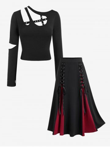 Cutout Grommets Thumbhole Long Sleeve Top And Lace Up Two Tone Godet Hem Midi A Line Skirt Gothic Outfit