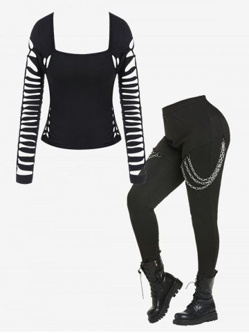 Ripped Cutout Long Sleeve Top And Chain Embellished Skinny Pull On Pants Gothic Outfit - BLACK