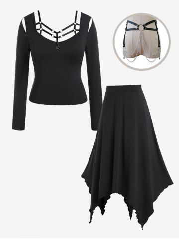 Strappy Rings Cutout Long Sleeve Top And Handkerchief Hem Maxi Skirt And Punk Faux Leather Layered Rings Belt Waist Chain Gothic Outfit - BLACK