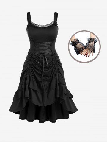 Plus Size Lace-trim Lace-up Layered Ruffled Cinched Ruched Sleeveless Midi Dress And Shading Lace Flower Pattern Wrist Gloves Gothic Outfit