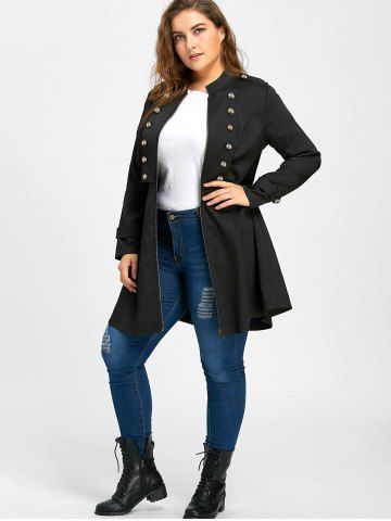 Plus Size Double Breasted Epaulet Flare Coat