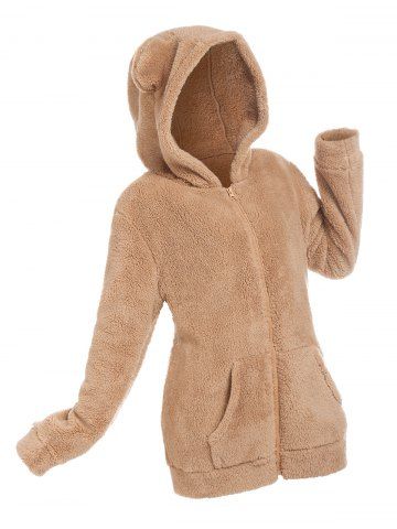 Plus Size Pockets Hooded Faux Fur Coat