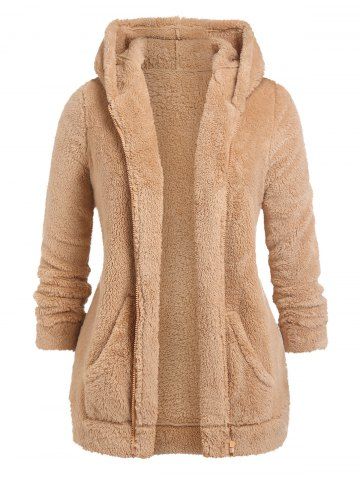 Plus Size Pockets Hooded Faux Fur Coat