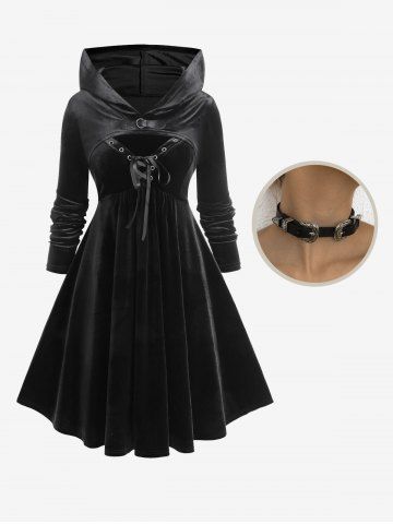 Plus Size Lace-up Grommets Velvet Cami Dress and Hooded Shrug Top And PU Leather Buckle Choker Necklace Gothic Outfit