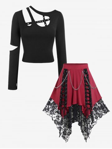 Cutout Grommets Thumbhole Short Top And Chain Embellish Lace-up Floral Lace Layered Hanky Hem Skirt Gothic Outfit