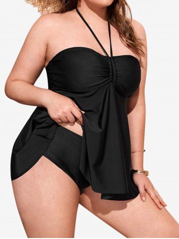 Plus Size Cinched Halter Backless Padded Tankini Swimsuit - BLACK - 1XL
