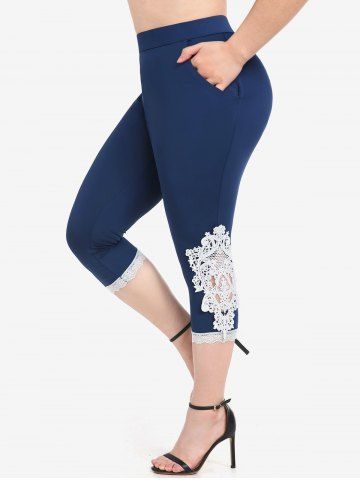 Plus Size Lace Panel Capri Leggings with Pocket - BLUE - 1X | US 14-16