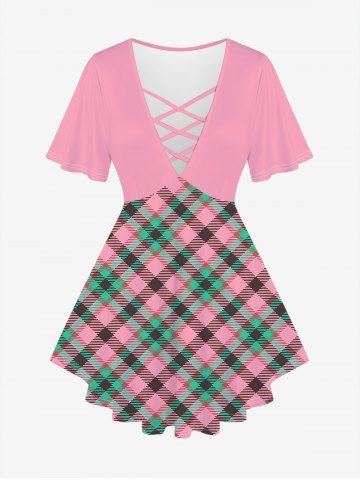 Plus Size Crisscross Plaid Short Sleeves Plunging Tee