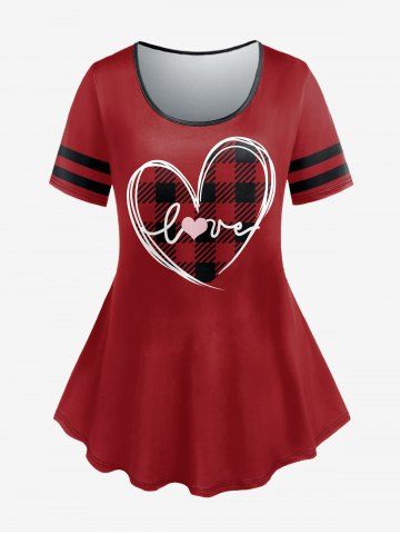 Plus Size Valentines Heart Letters Plaid Short Sleeves Tee - DEEP RED - M | US 10