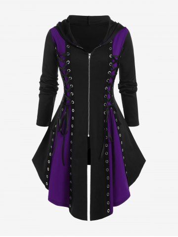 Hooded Lace Up Grommets Colorblock Gothic Coat