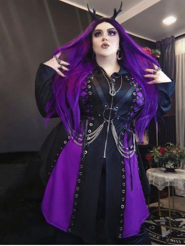 Hooded Lace Up Grommets Colorblock Gothic Coat - CONCORD - 4X | US 26-28