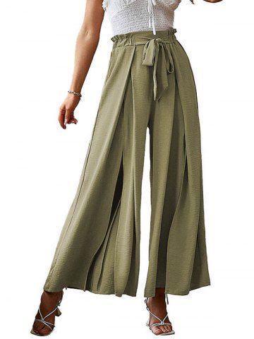 Plain Color Self Belted Slit Ruffle Elastic High Waisted Long Wide Leg Pants - GREEN - 2XL