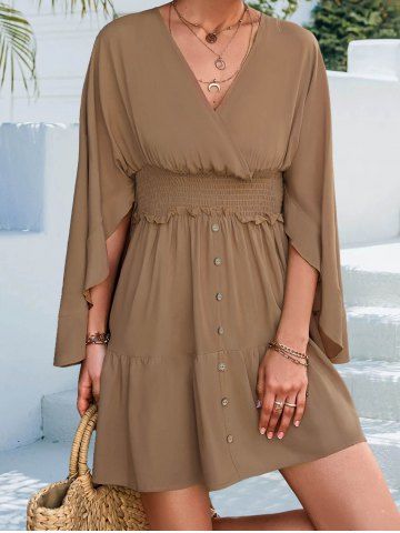 Plain Color Shirred Tied Back High Waisted Mock Button Ruffle Surplice A Line Mini Dress - COFFEE - L