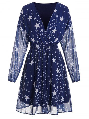 Allover Star Print Surplice Long Sleeve High Waisted A Line Mini Chiffon Dress - DEEP BLUE - XL