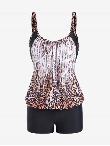 Plus Size Leopard Double Up Padded Boyleg Blouson Tankini Swimsuit