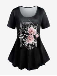 T-shirt à Imprimé Fleur à Manches Courtes de Grande Taille - Noir 2X | US 18-20