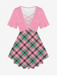 Plus Size Crisscross Plaid Short Sleeves Plunging Tee -  