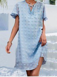Mini Robe Droite Simple Nouée en Avant en Couleur Unie à Pois à Manches Evasées - Bleu clair S