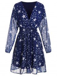 Allover Star Print Surplice Long Sleeve High Waisted A Line Mini Chiffon Dress -  
