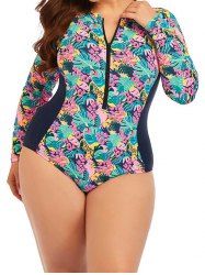 Plus Size Tropical Flower Print Raglan Sleeve Zip Up One-piece Swimsuit -  