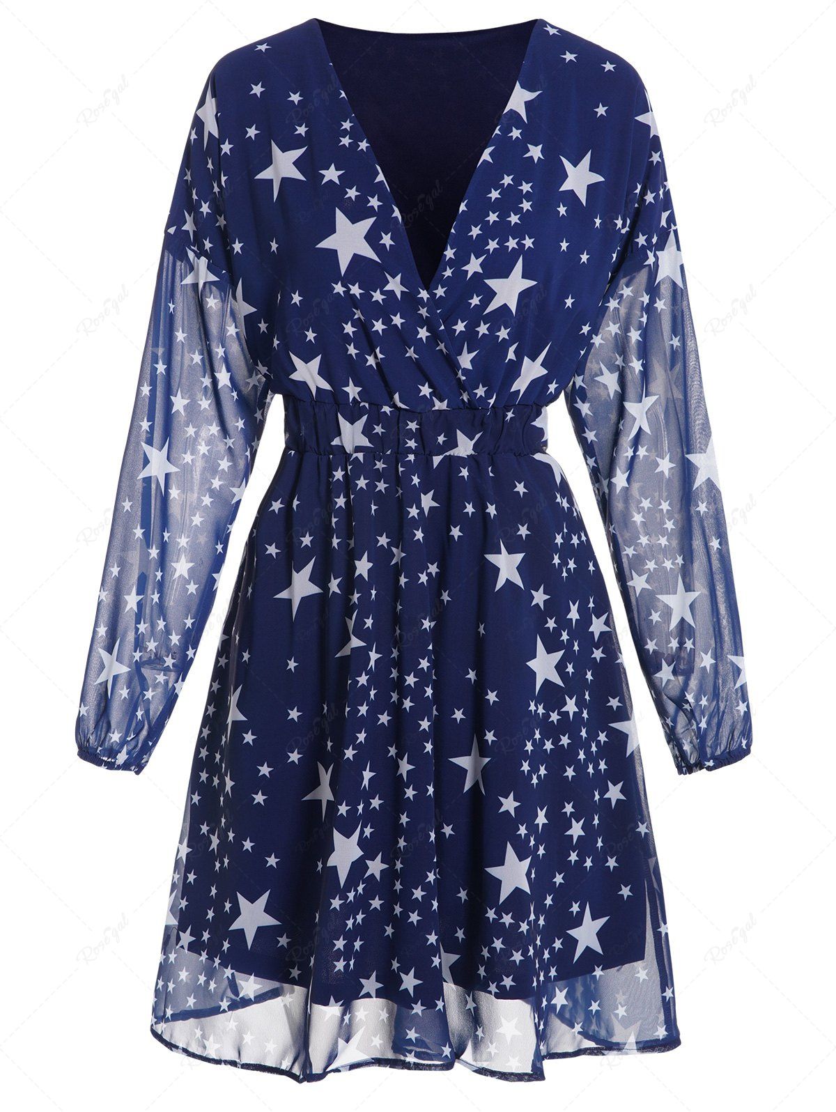Store Allover Star Print Surplice Long Sleeve High Waisted A Line Mini Chiffon Dress  