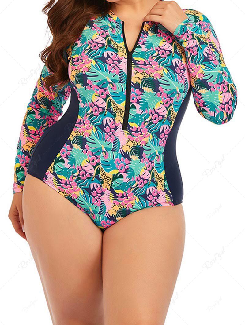 Cheap Plus Size Tropical Flower Print Raglan Sleeve Zip Up One-piece Swimsuit  