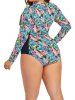 Plus Size Tropical Flower Print Raglan Sleeve Zip Up One-piece Swimsuit -  
