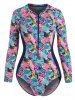 Plus Size Tropical Flower Print Raglan Sleeve Zip Up One-piece Swimsuit -  
