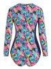 Plus Size Tropical Flower Print Raglan Sleeve Zip Up One-piece Swimsuit -  