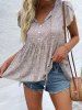 Ditsy Flower Print Tied Front Keyhole Short Tulip Sleeve Mock Button Casual Blouse -  