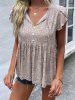 Ditsy Flower Print Tied Front Keyhole Short Tulip Sleeve Mock Button Casual Blouse -  