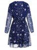 Allover Star Print Surplice Long Sleeve High Waisted A Line Mini Chiffon Dress -  