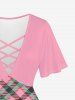 Plus Size Crisscross Plaid Short Sleeves Plunging Tee -  