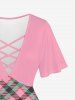 T-shirt Plongeant Croisé à Carreaux à Manches Courtes de Grande Taille - Rose Léger  5x | US 30-32