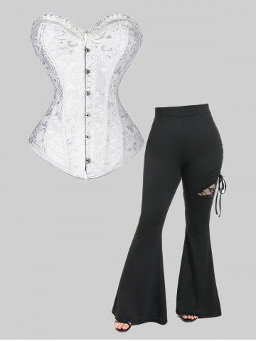 Frilled Lace-up Boning Brocade Corset And Plus Size Lace Panel Cinched Ruched Skinny Pull On Flare Pants Gothic Outfit