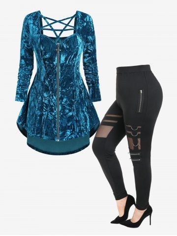 Crushed Velour Caged Strappy Cutout Zip Front High Low Top And Zippered Sheer Mesh Panel Skinny Pants Gothic Outfit - BLUE