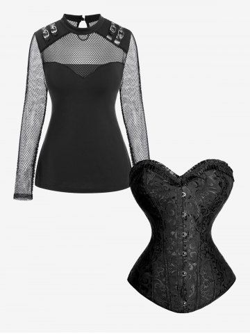 Sheer Fishnet Panel Buckled Long Sleeve Top And Frilled Lace-up Boning Brocade Corset Gothic Outfit