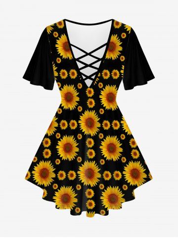 Plus Size Short Sleeves Sunflower Printed Crisscross Plunging Tee - DEEP YELLOW - 2X | US 18-20