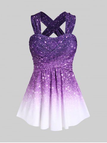 Plus Size Sparkles Glitter Crossover Ombre Padded Tankini Swimsuit - PURPLE - M | US 10