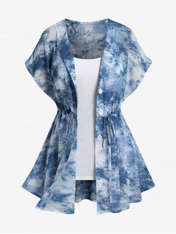Plus Size Tie Dye Drawstring Short Sleeves Shirt and Cami Top Set - LIGHT BLUE - L | US 12