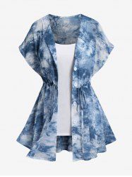Plus Size Tie Dye Drawstring Short Sleeves Shirt and Cami Top Set -  