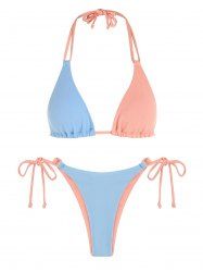 Color Block Textured Halter String Bikini Set -  