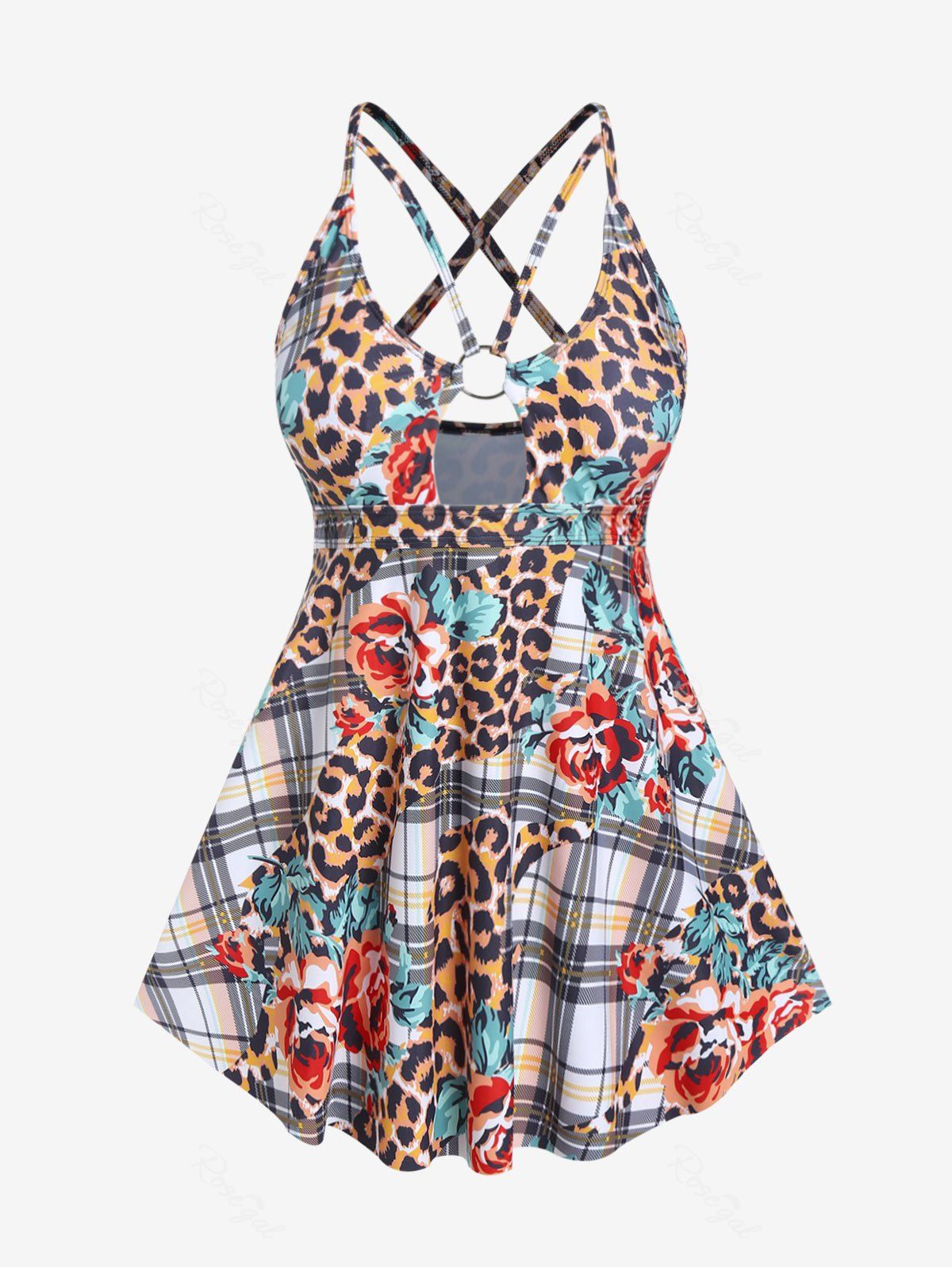 Latest Plus Size Floral Tiger Print Cutout High Waist Tankini Swimsuit  