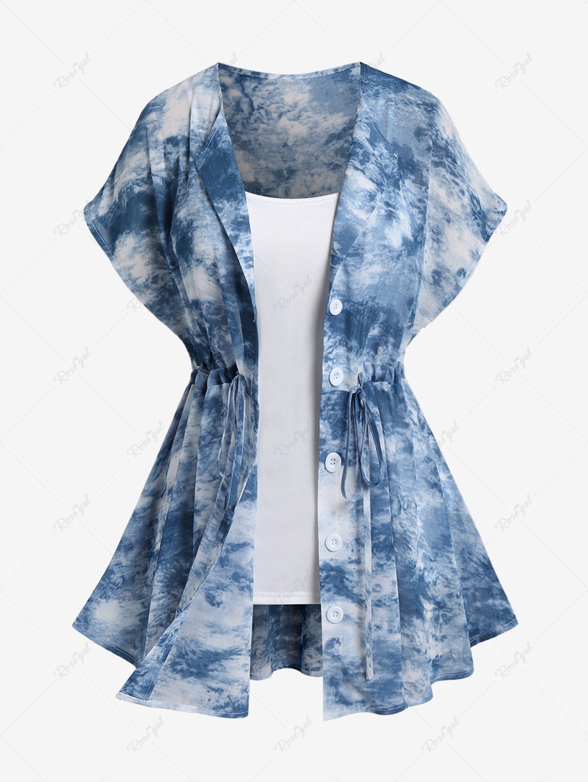 Trendy Plus Size Tie Dye Drawstring Short Sleeves Shirt and Cami Top Set  