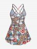 Plus Size Floral Tiger Print Cutout High Waist Tankini Swimsuit -  