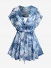 Plus Size Tie Dye Drawstring Short Sleeves Shirt and Cami Top Set -  
