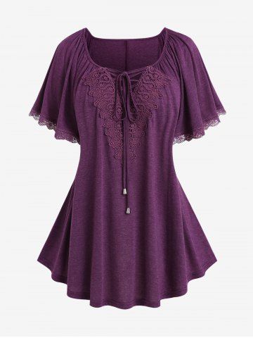Plus Size Lace Panel Lace-up Raglan Sleeves Tee - CONCORD - 2X | US 18-20