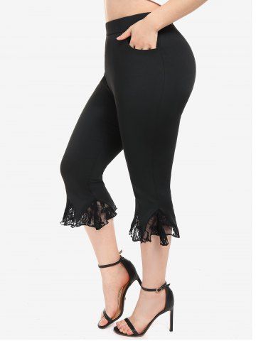Plus Size Lace Panel Pull On Micro-flared Pants with Pocket - BLACK - 2X | US 18-20